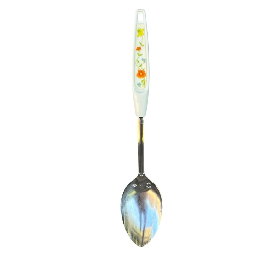 Vintage Foley Chrome Plated Serving Spoon Plastic Floral Handle USA Made 12.5”